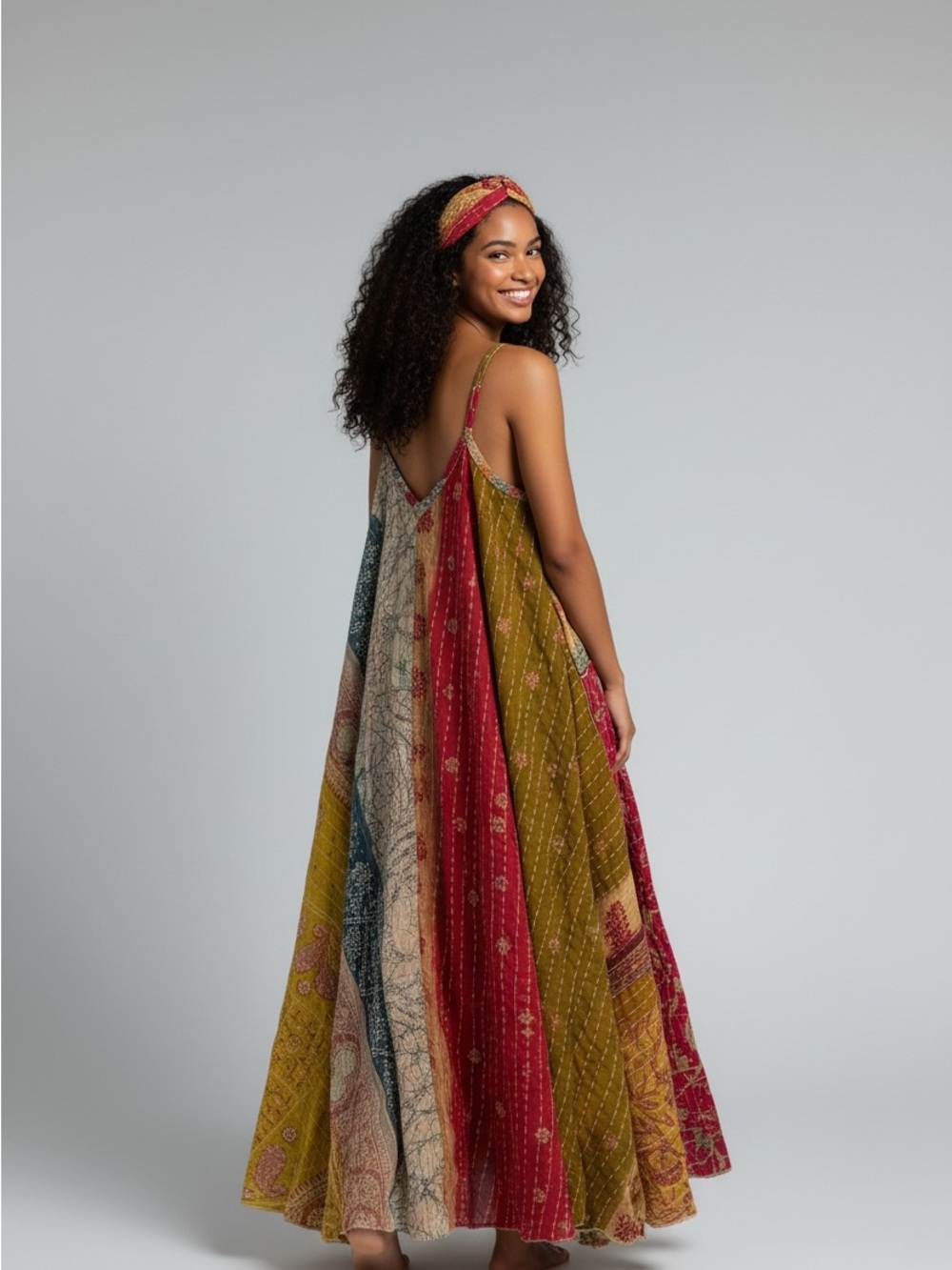 KANTHA OVERSIZED DRESS BOHO COMFY with pockets, Handmade Reversible One Size - Picture 2 of 9